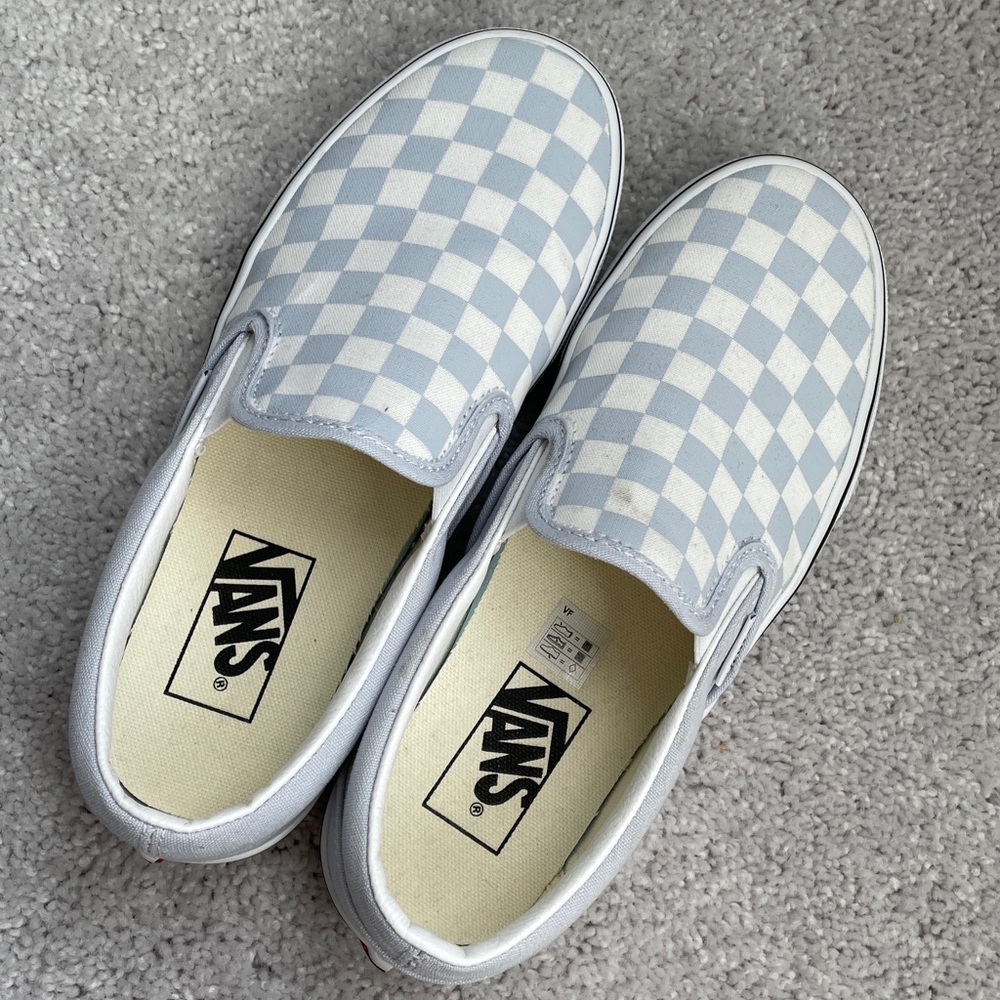 Vans Light Blue and White Checkered Slip-Ons